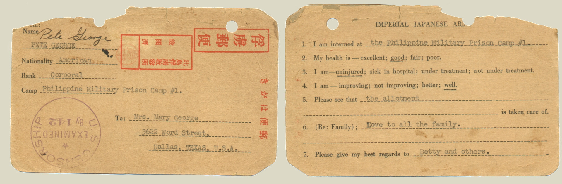 1942 POW Card